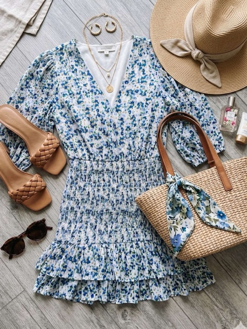 Veronica Beard Blue and White Floral V-Neck Smocked Mini Dress